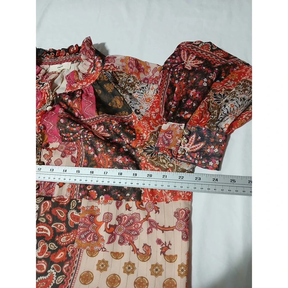 Entro Women PatchworkPaisley RuffleNeckLurex ButtonDown BlouseOrangeMediumOrange - Picture 7 of 10